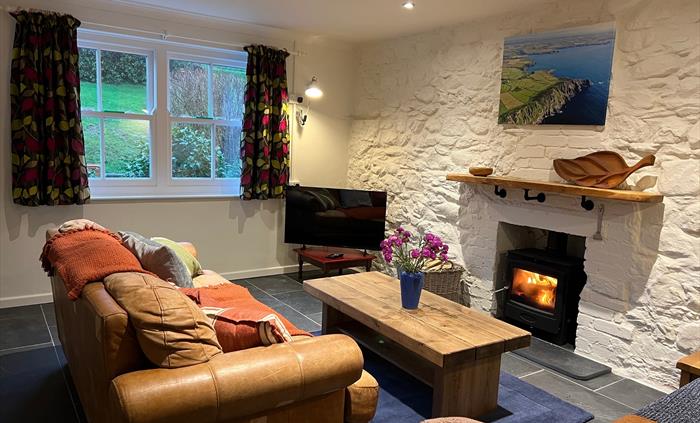 Living room with log burner and garden view